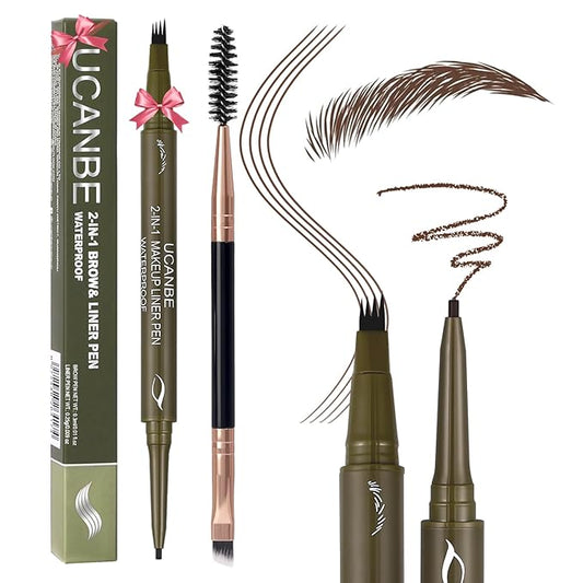 UCANBE Eyebrow Pencils for Women with Spoolie Brush, Dual-Ended Eyebrow Pen with 4-Fork-Tip & Gel Eyeliner, Microblading Brow Pen with Eyeliner Pencil + Brow Brush for Hair Like Brows, Dark Brown