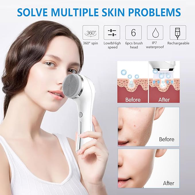 Facial Cleansing Brush, 2 in 1 Ｗaterproof IPx7 Facial Spin Scrubber Set with 4 Brush Heads, Rechargeable Exfoliating Face Brush Deep Cleansing, Gently Exfoliate and Remove Blackhead