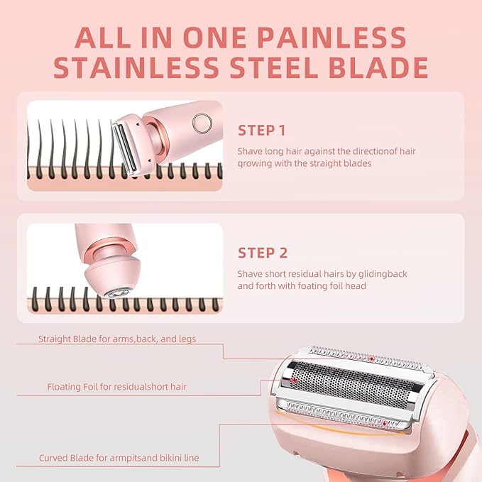 Womens Electric Shaver, 2 in 1 Razor for Women, Wet & Dry Electric Waterproof Razor with LED Display, Cordless Bikini Trimmer for Sensitive Skin, Painless Hair Removal