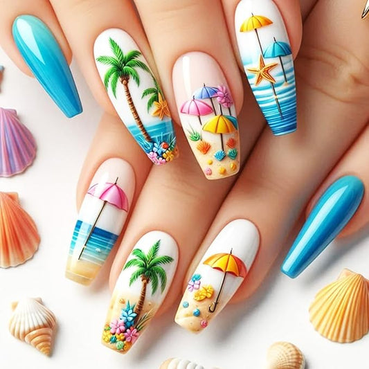 Summer Beach Press on Nails Sea Stars Stick on Nail Ocean Acrylic Full Cover Fake Nails 24Pcs Glossy Colorful Medium Coffin False Nail Coconut Tree Gel Glue on Fingernails for Holiday Manicure Art