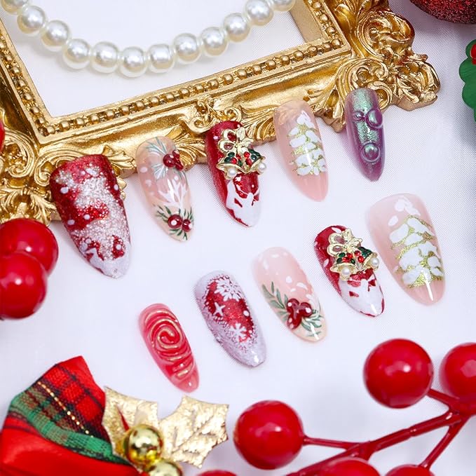 30Pcs Christmas Press on Nails Medium Almond Fake Nails with 3D Gold Bells Rhinestones Designs Holly Leaf French Tip Stick on Nails White Snowflake Reindeer Christmas Tree Winter False Nails for Women