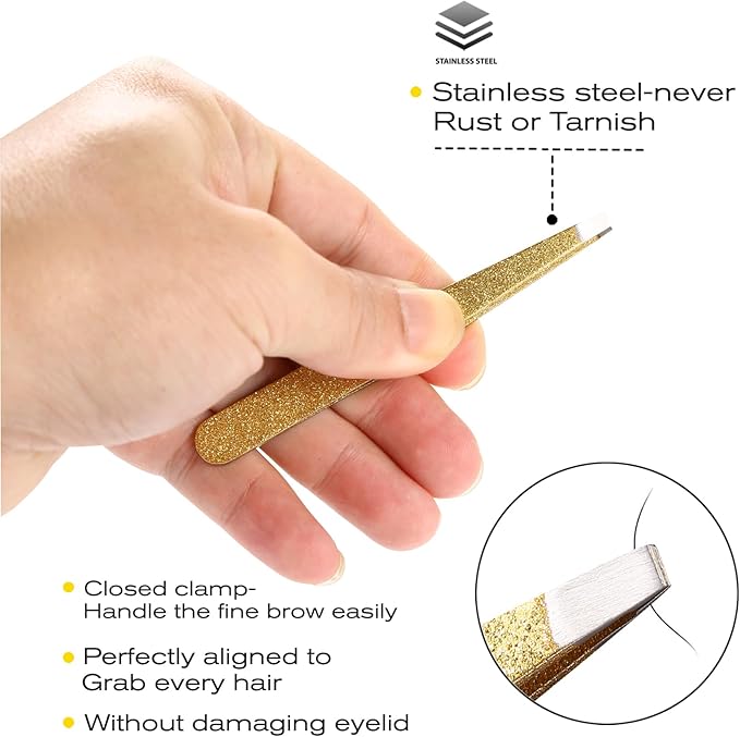 4-Pcs Glitter Stainless Steel Precision Tweezer Set for Eyebrows, Ingrown Hair & Lash Extensions (Gold)