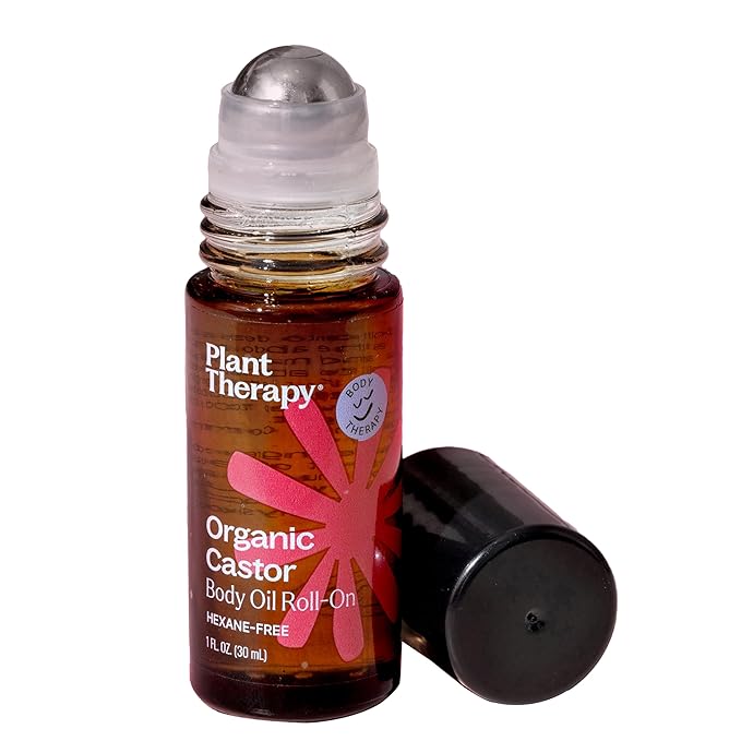 Plant Therapy Organic Castor Oil Roll On 30 mL (1 oz) Convenient Mess-Free Body Oil Roll-on for Easy Application, Cold-Pressed & Hexane-Free, Third-Party Tested for Purity