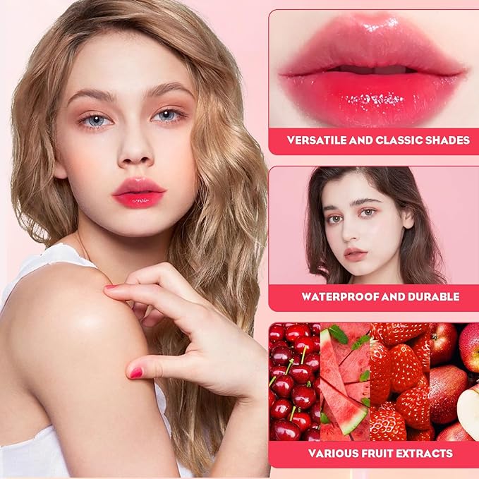Lip Tint 4 Colors High Shine Non-Sticky Easy Apply Formula Waterproof Lip Stain With Vitamin E Moisturizing Long-Lasting Lip Gloss For Women Buildable Shine Mini Water Lipstick Fruit Extracts