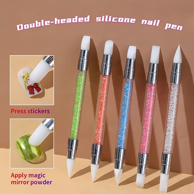 5Pcs Dual-Tipped Silicone Nail Art Pens, 5Pcs 2-Way Dotting Tools for Resin, Foil, Carving, Drawing & Shaping - Professional Nail Design Kit for Home & Salon