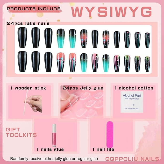 Coffin Press on Nails Long Stick on Nails Black False Nails with Design Artificial Nails for Women 24pcs