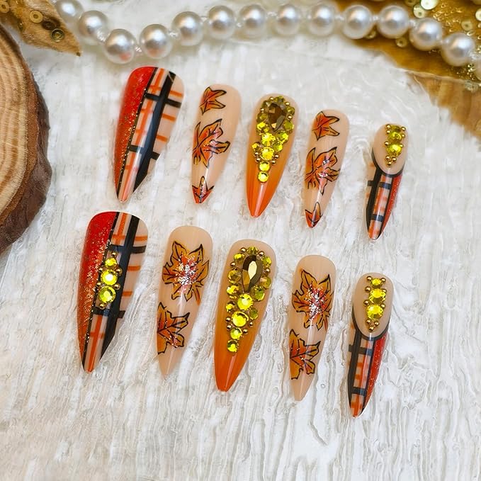 24Pcs Fall Press on Nails with Sparkly Rhinestones Gem Designs Elegant Fake Nails Long Almond Stripe Maple Leaves Acrylic False Nails Full Cover Autumn Glue On Nail for Women Fall Manicure Tips