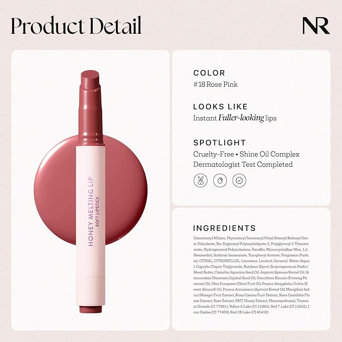 Nature Republic HONEY MELTING LIP (18 ROSE PINK) SOFT LIP STICK, Hydrating Gloss, Moisturizing balms, Sheer tint, Shine & Nude, Glowy Finish, korean make up