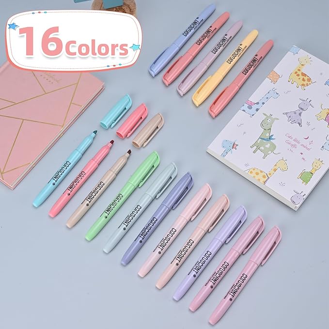 coruscant Pastel Highlighters Set, Assorted Colors Chisel Tip Cute Bible Highlighters, No Bleed Dry Quickly, for Journal Bible Study, Perfect for thin paper, School Office Supplies, 16 Pack