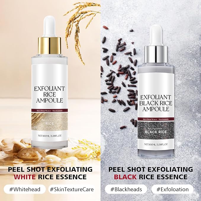 2PCS Rice Exfoliating Ampoule Set – Black & White Rice Brightening Duo for Glowing Skin | Gentle Peel + Pore Minimizing & Deep Hydration