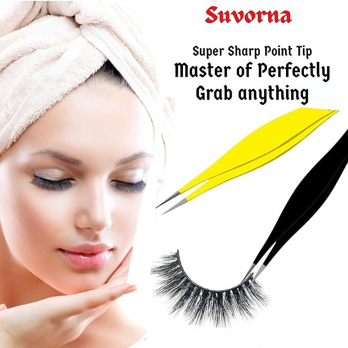 Suvorna Professional Tweezers for women facial hair - Sharp Pointed Tweezer & Slanted Eyebrow Tweezers for Women - Eyebrow Tweezer for Women, Lash tweezers and Splinter removal (4-inch size, Red)
