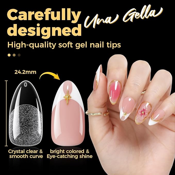 UNA GELLA Almond Gel Nail Tips 600 Pcs Pre Etched Medium Almond Shaped Nails Full Cover Press On Nails 12 Sizes Clear Fake Soft Gel Tips for Flat & Curved Nail Bed Extension Home DIY Salon