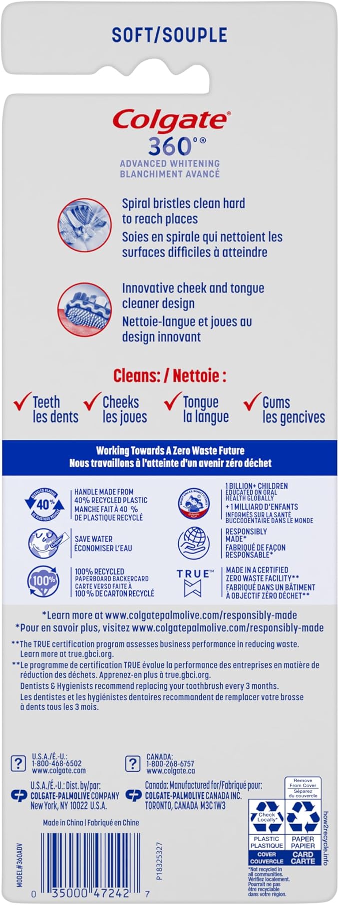 Colgate 360 Advanced Optic White Whitening Toothbrush with Tongue Cleaner, Soft, 4 Count