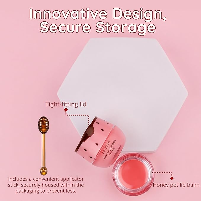 Original My Bee Balm Lip Balm - Strawberry Hydrating Balm Honey Pot for Dry, Chapped & Cracked Lips with Propolis, Honey & Vitamin E - Soften, Smooth & Reduce Lip Lines (Pack of 2)