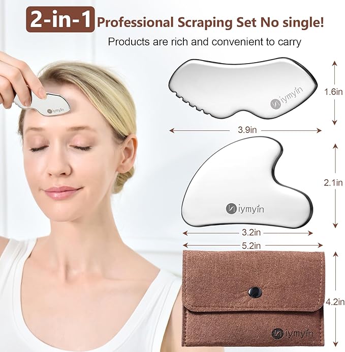 2 Pcs Stainless Steel Gua Sha Facial Tools Set, Guasha Tool for Face and Body Skin Massage, Facial Scraping Tools for Jaw Lift Massager, Puffiness Reduction, Lymphatic Drainage & Skin Tightening, Gift