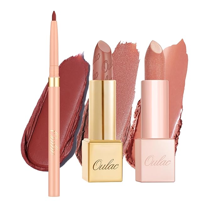 Oulac Lipstick & Lipliner Set 3PCS High Impact Lipcolor with Moisturizing Formula, Vegan Beauty, Full-Coverage Lip Color, Gift Lipstick for Women, LL06+GM03+PG07
