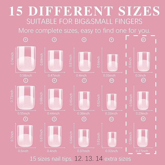 Extra Short Straight Nail Tips, SSWSBYKE 300pcs 15 Sizes Soft Gel Acrylic Nail Tips for Full Cover Pre-Shaped Fake Nails Tips Half Matte Press On Nails for Extension Home DIY Salon