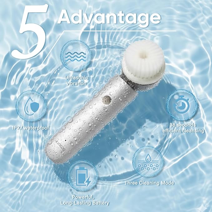KINGDO Sonic Facial Cleansing Brush, Electric Face Scrubber with 3 Cleaning Modes, IPX7 Waterproof face Brushes for Cleansing with 2 Magnetic Brush Heads, Rechargeable Battery for All Skin Types