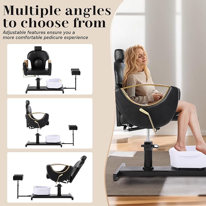 Pedicure Station No Plumbing, Hydraulic Pedicure Chair for Nail Tech, Height Adjustable Reclining Pedicure Station Unit, 360 Degree Swivel Foot Spa Chair with Massage Foot Bath (Black)