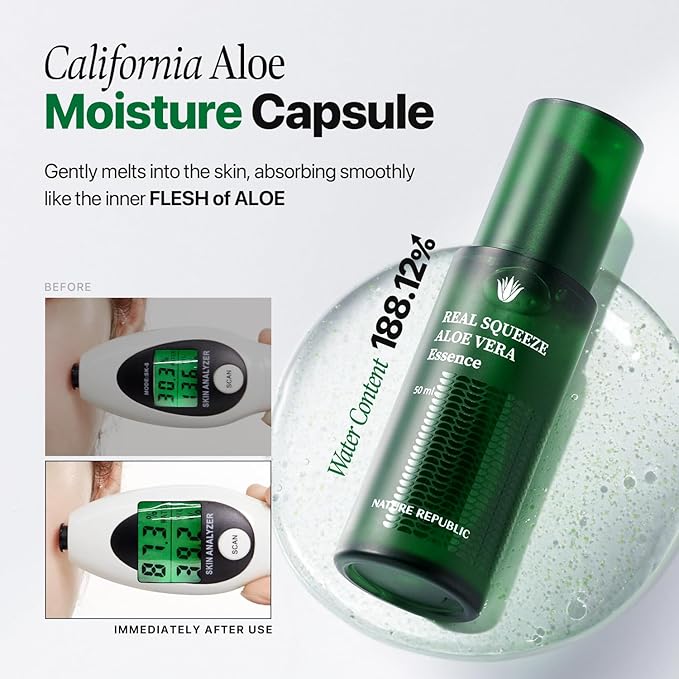 Nature Republic Real Squeeze Aloe Vera Essence -Hydrating Moisturizer & Glow for Face Fast-Absorbing, Non-Sticky After Sun & Aftershave Korean beauty Care for all Skin types Vegan 50ml / 1.69 Fl Oz