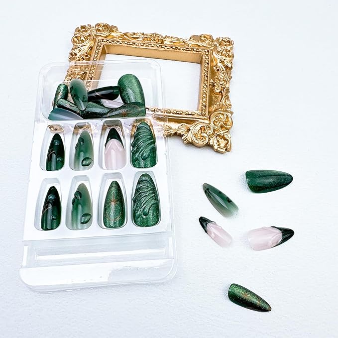 24pcs Green Press on Nails Medium Almond Fake Nails with 3D Leaf Water Drop Designs French Tip False Nails Glitter Glue on Nails Star Acrylic Nails Kit Full Cover Glue On Nails for Women