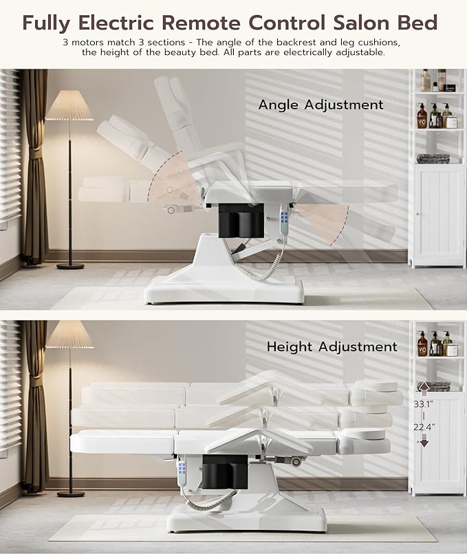 Icoget Fully Electric Tattoo Chair Esthetician Bed for Clients, 3-Motor Adjustable Spa Table Facial Bed for Lashing, Waxing, Professional Aesthetics Chair for Salon, White, Stool Included