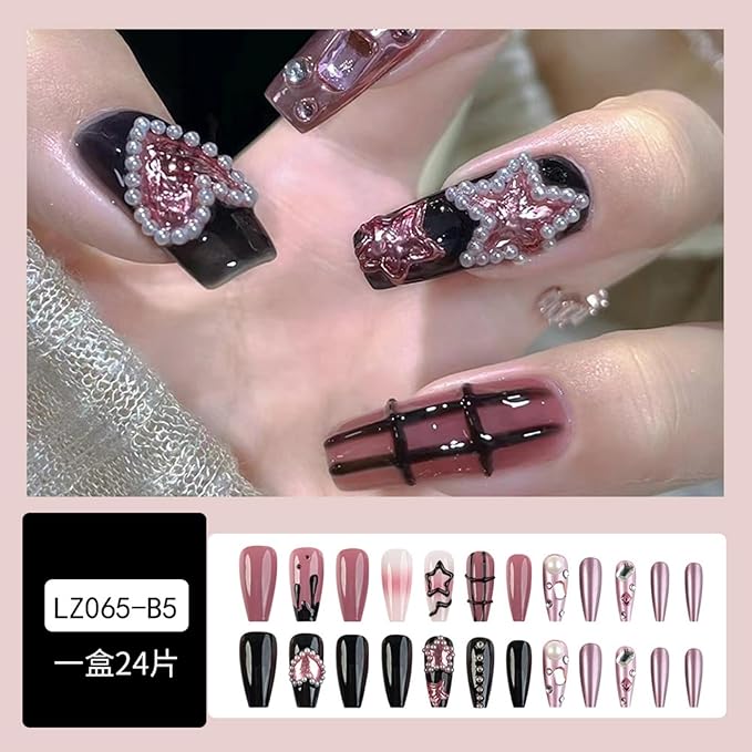 Medium Press on Nails Square Fake Nails Black False Nails with Heart and Star Designs Artificial Nails Stick on Nails for Women 24pcs