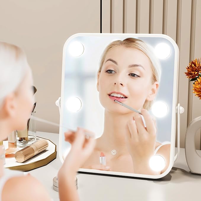 10x12 Inch Hollywood Vanity Mirror with Dimmable LED Lighting, Smart Touch Control & U-Shaped Bracket - Portable Tabletop Makeup Mirror for Travel, Home