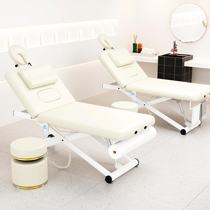 Heavy-Duty Electric Lift Massage Table with Electric Adjustable Backrest and Legs, Wide Physical Therapy Massage Bed with Wheels, Professional Spa Facial Bed, PU Leather, 32'' W × 75'' L