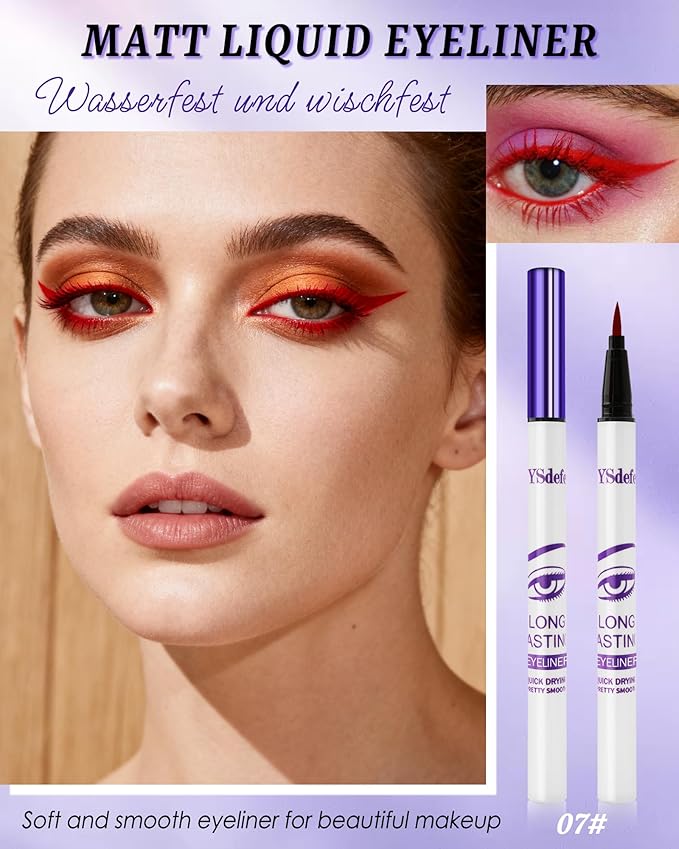 Liquid Eyeliner Pen, Red Waterproof Long Lasting Colored Eye liner Pen with Precision Tip, Matte Colorful Smudgeproof High Pigmented Eyeliner Pencil, Cosplay Party Stage Eye Makeup Gift for Women-07