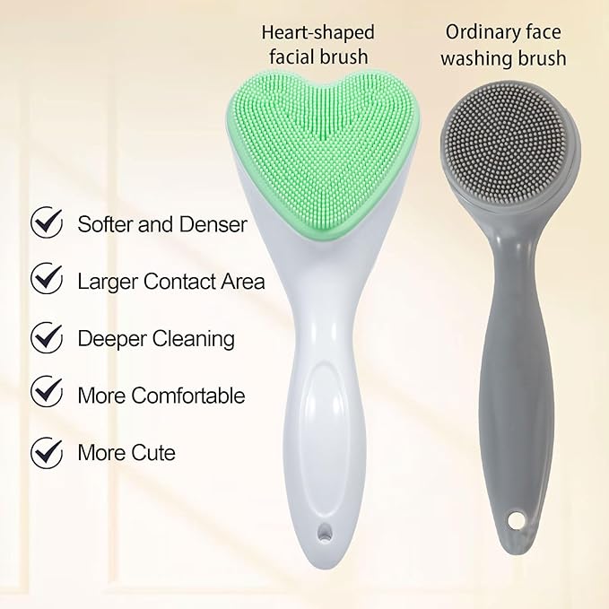 Silicone Face Scrubber Exfoliating Brush 2 Pack, Manual Handheld Facial Cleansing Brush Blackhead Scrubber, Soft Bristles Waterproof for Face Skincare (Black Green,Heart)