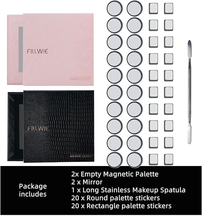 Pink&Black Magnetic Refillable Makeup Palette with Mirror – Lightweight, Durable, Travel-Ready Case for Eyeshadow, Blush, Lipstick – Includes Spatula & 20 Stickers – Small, Waterproof Paperboard