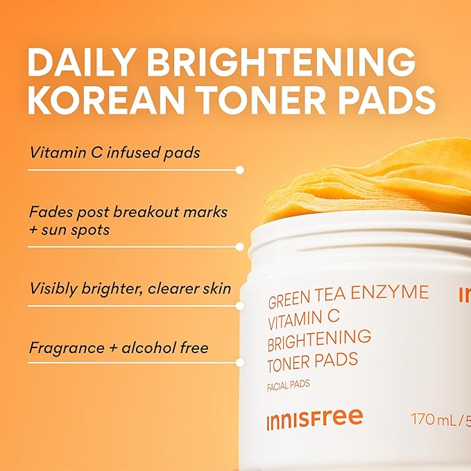 innisfree Green Tea Enzyme Vitamin C Toner Pads, Korean Brightening Face Pads for Dark Spots, Radiance, and Even Skin Tone