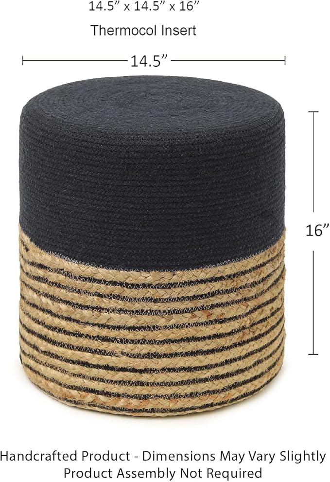 REDEARTH · Cylindrical Pouf Ottoman - Braided Pouffe Accent Sitting Round Footrest for Living Room, Bedroom, Nursery, kidsroom, Patio ; 70% Cotton 30% Jute, Set of 2 (14.5x14.5x16; Black Natural)