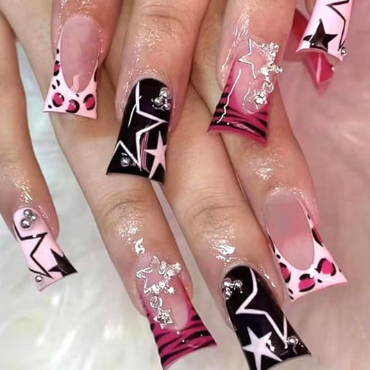 Duck Press on Nails Medium Fake Nails with Star Leopard Print Pearl Designs French Tip Nails Press ons Black Acrylic Nails for Women 24Pcs