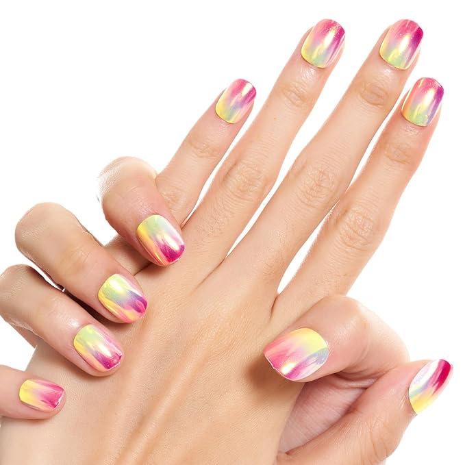 GLAMERMAID Extra Short Press on Nails 24PCS, Pink Nude Ombre Chrome Fall Gel Glue on Nails, Glossy Round Reusable UV Finish Fake Nails Acrylic False Nails Manicure Kits for Women