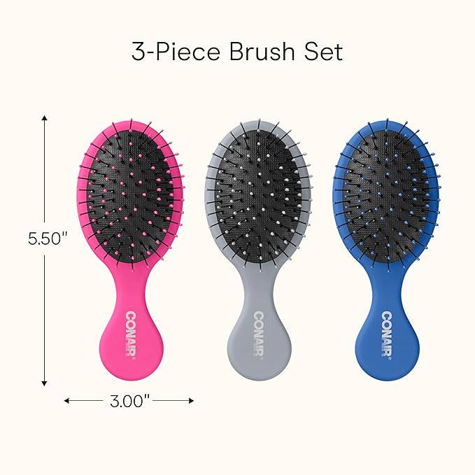 Conair Detangling Mini Hair Brush Set, 3-Pack Detangler Brushes for Wet or Dry Hair, Gentle Detangler for All Hair Types, Bristle Hair Brushes for Women, Travel Size, Pink, Gray, and Blue