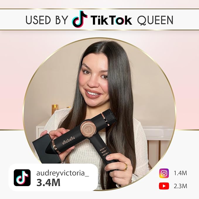 ELLA BELLA® Professional Ionic Hair Dryer with Diffuser • Dual Voltage Negative Ion Blow Dryer • Suitable All Hair Types • Intelligent Heat Control & Rapid Drying Speeds • Lightweight Design Low Noise