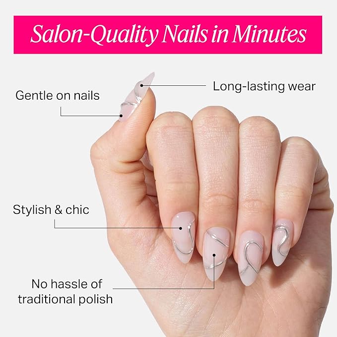 Nailboo Press On Nails, Salon-Quality Reusable Fake Nails for Fast DIY Manicure with Strong Hold Nail Glue for Press Ons, Nail File, & Alcohol Prep Pads, Silver Spoon