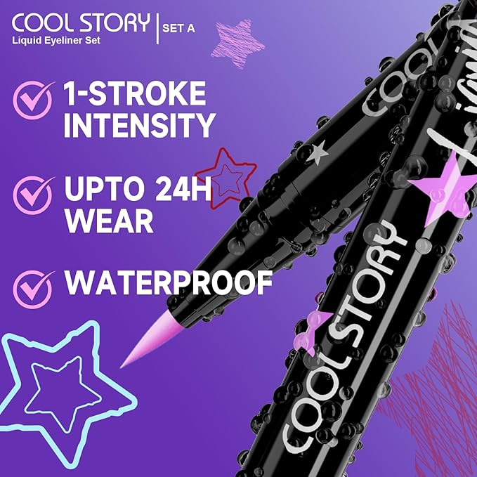COOL STORY Liquid Eyeliner Waterproof Smudge Proof Eye Liner, 24H Long-Lasting, 0.6ml/0.02 fl.oz (SET-A)