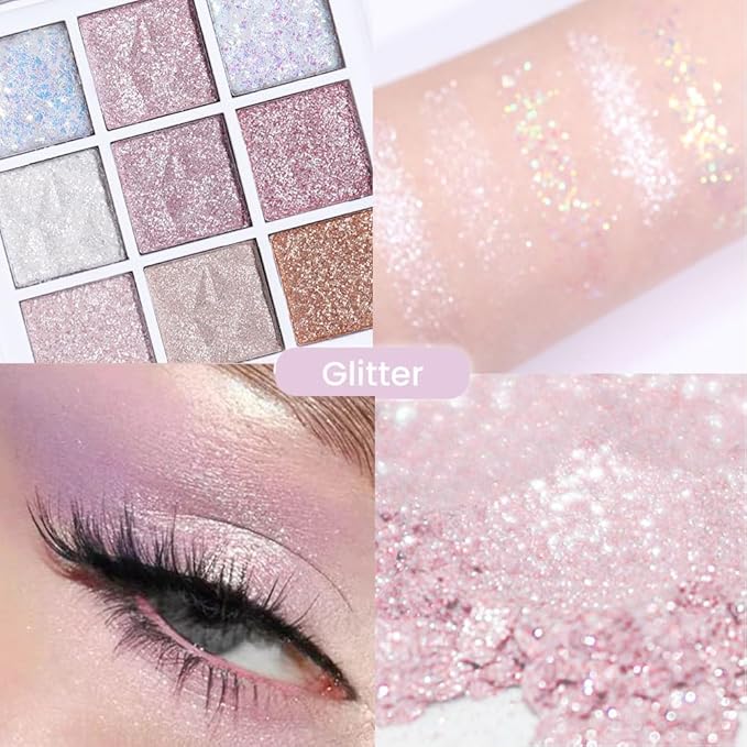 Pink White Glitter Shimmer Sparkle Eye Shadow Palette, Warm Pastel 9 Colors Sparkle eyeshadow Palette Makeup,Colorful Long Lasting Waterproof Naturing-Looking (ice glitter)