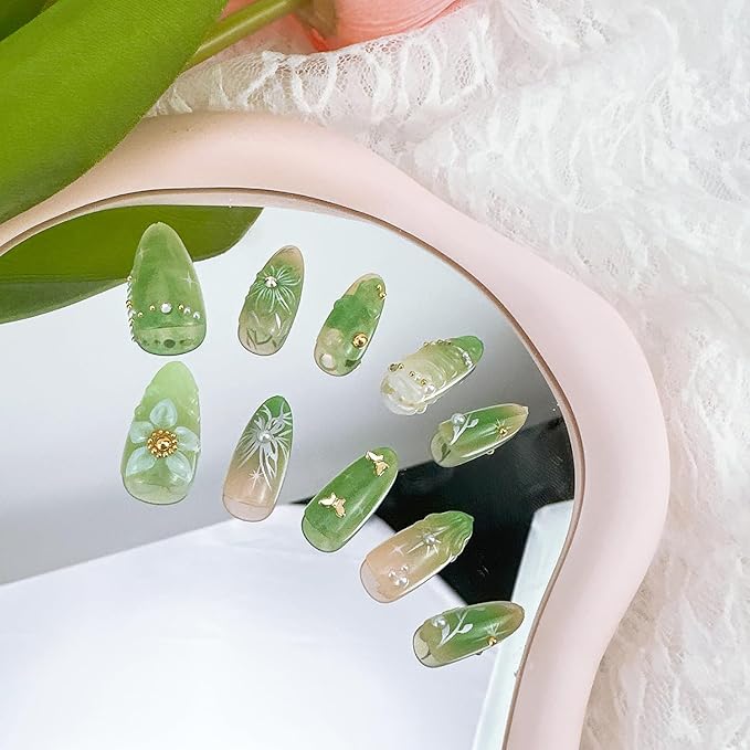 30pcs Green Press on Nails Medium Almond Fake Nails With 3D Flower Pearl Rhinestone Design Gold Beads Butterfly False Nails Star Glue on Nails 3D Summer Floral Full Cover Stick on Nails for Women
