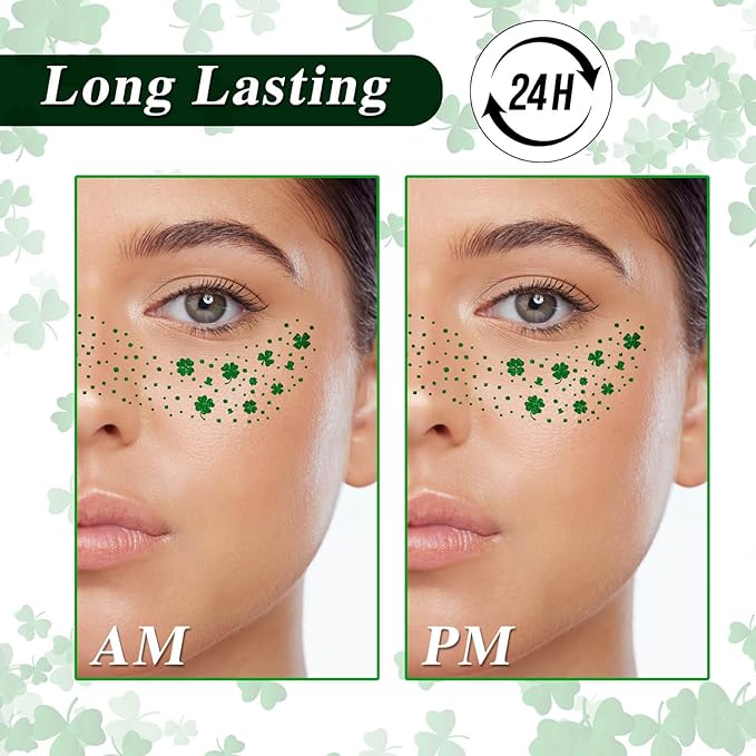 MEICOLY St Patricks Day Accessories,Leaf Face Sticker Costume,St Patricks Day Temporary Tattoos for Kids Women,Clover Shamrock Stickers,Green Makeup Tattoo,Green Freckles Face Tattoo,6Pcs,2 Styles