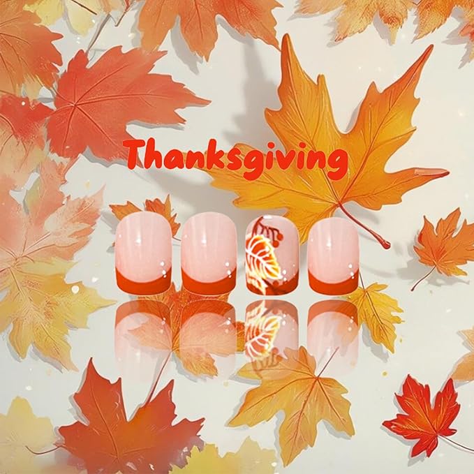 24Pcs Maple Leaf Press on Nails Fall Leaves Stick on Fingernails Glossy Orange French Tips Acrylic Fake Nail Thanksgiving Short Square False Nails Autumn Gel Glue on Nail for Coquette Women Girls
