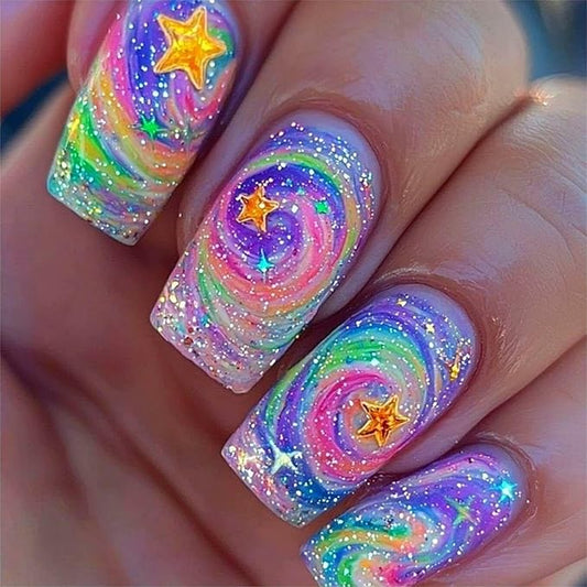 Square Medium Press on Nails with Stars Design Fake Nails Cute False Nails Multi-Color Glue on Nails Cute Nails for Women Summer Gift