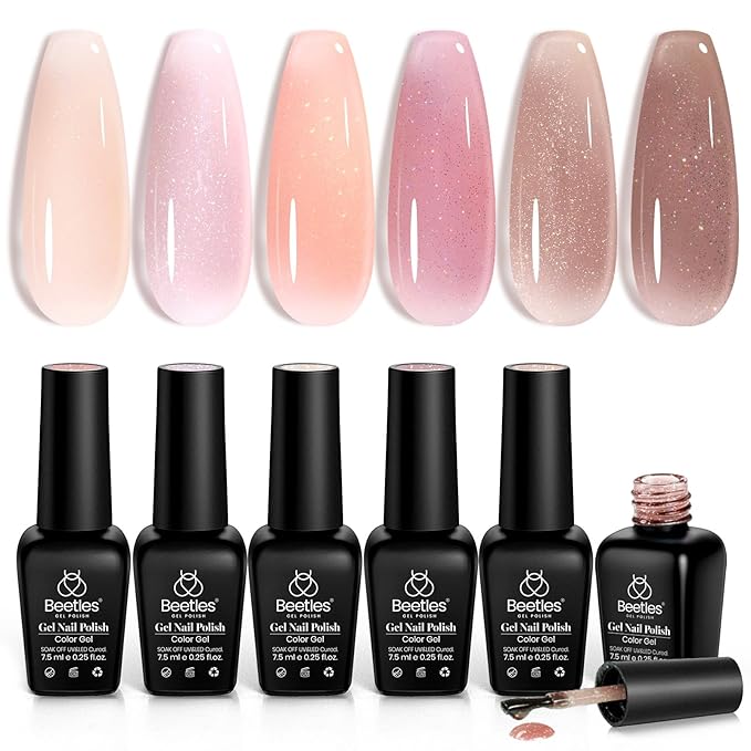 Beetles Jelly Gel Nail Polish Set - 6 Colors Nude Pink Brown Shimmer Giltter Fall Gel Polish Kit Sheer Transparent Effect Soak Off UV Lady with Dreams Collection Gift for Women