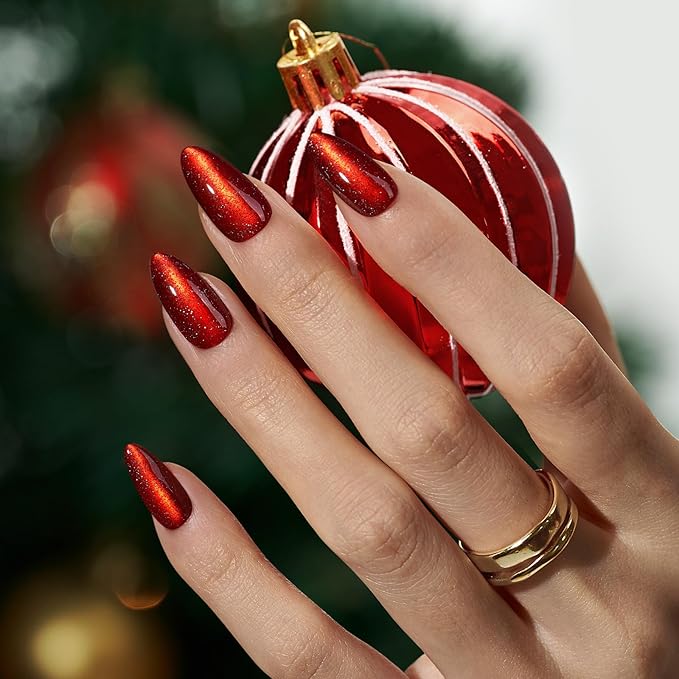 BTArtbox Press On Nails Almond - Deep Red Sparkly Press On Nails with Glue for Women, Glossy Soft Gel Glue On Nails in 15 Sizes - 30 Stick On Nails Kit for Christmas, Mystic Ruby