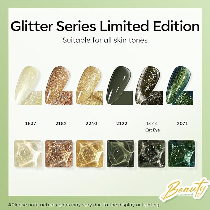 modelones Gel Nail Polish Set, 6 Colors Fall Winter Green Gold Yellow Sparkle Reflective Glitter Gel Polish Dark Green 9D Cat Eye Nail polish with Magnet Soak Off LED Nail Art Kit DIY Gift