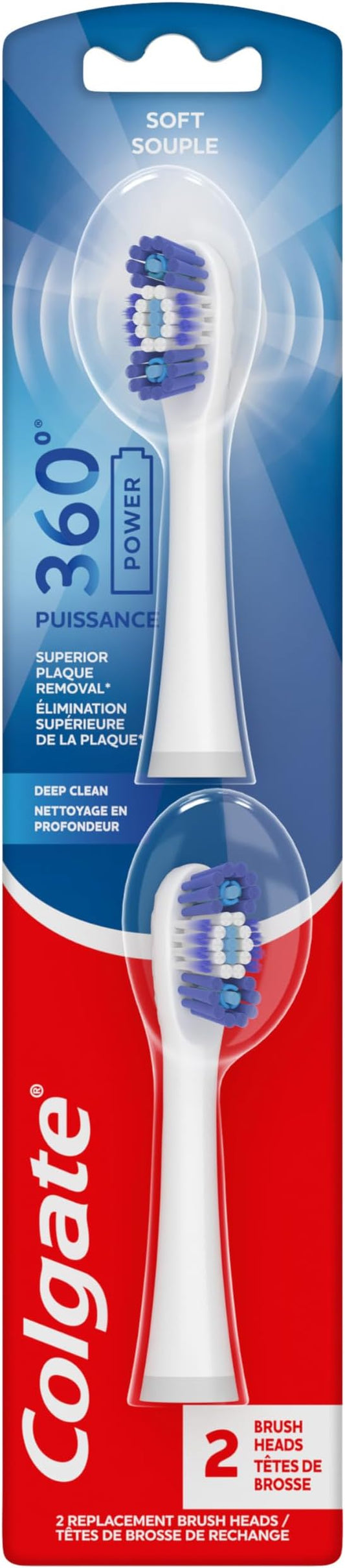 Colgate 360 Deep Clean Battery Powered Toothbrush Replacement Heads, Soft, 2 Pack