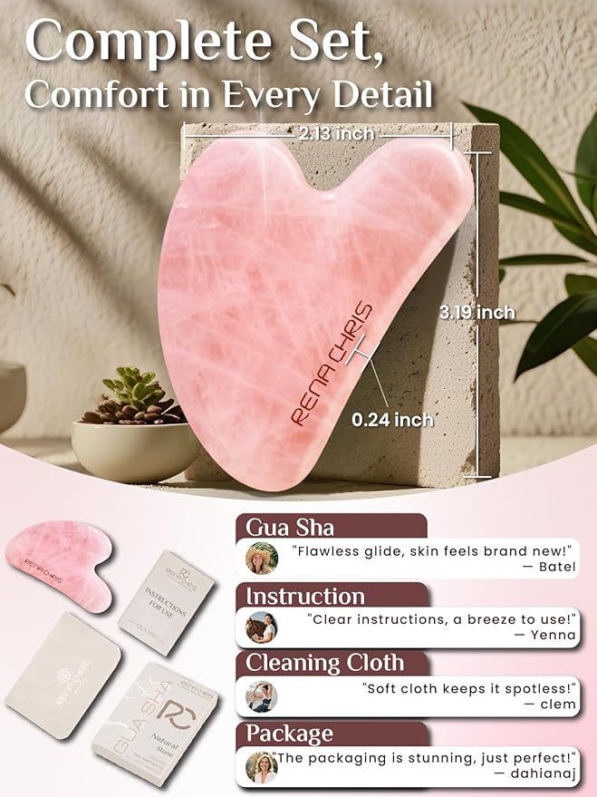 Rena Chris Gua Sha Facial Tools: Natural Rose Quartz Guasha Tool for Face Acupuncture Therapy, Facial Massager for Jawline Sculpting and Puffiness Reducing (Pink)